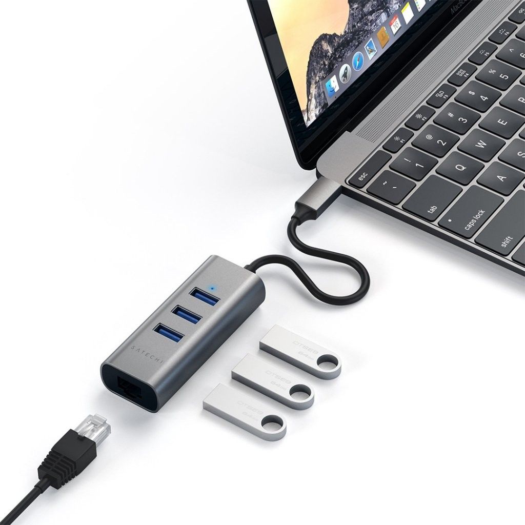 Satechi USB-C 2in1 Hub med Ethernet - Silver